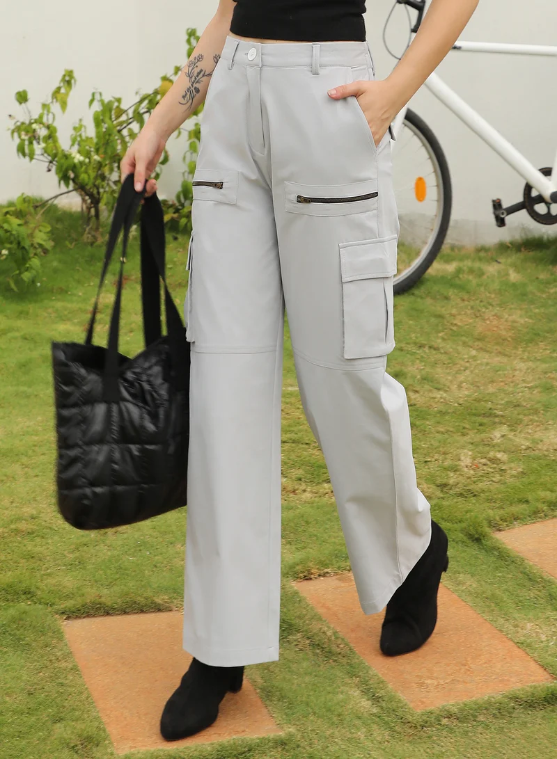 PINACOLADA Women's Moon Grey Straight Fit Cargo Trousers For Casual Wear | 6 Pockets | High-Rise | Button Closure | Cargo Pants Designed With Comfortable Fit For Woman & Girls